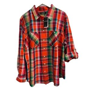 Lauren Ralph Lauren Women's Plus 1X Cotton Madras Shirt Roll Sleeve Orange Plaid